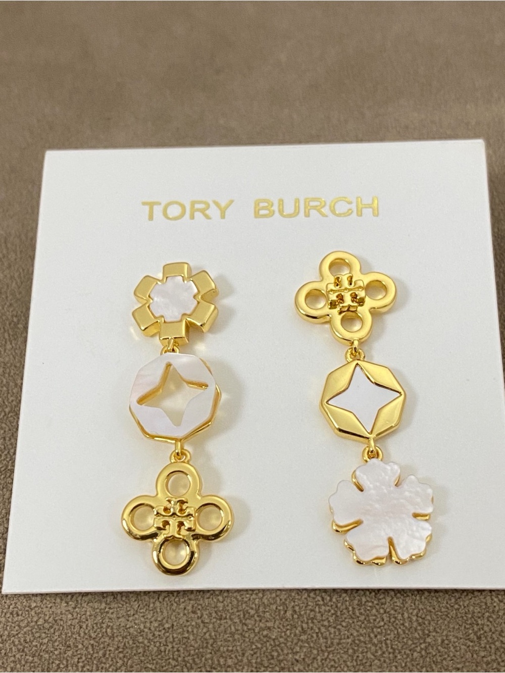 Tory Burch Gold and White Mother-of-Pearl Floral Drop Earrings